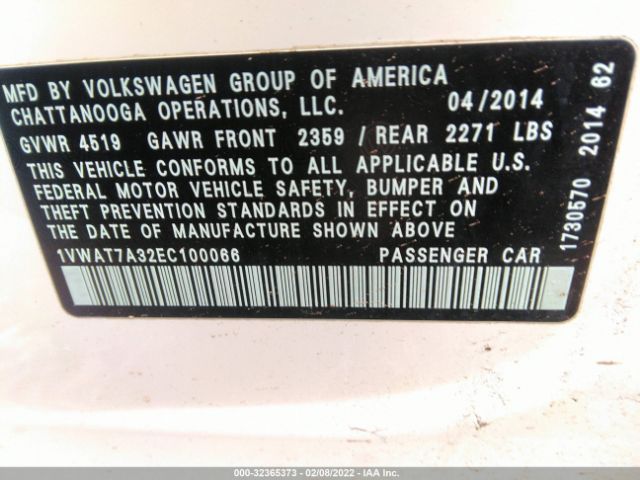 Photo 8 VIN: 1VWAT7A32EC100066 - VOLKSWAGEN PASSAT 