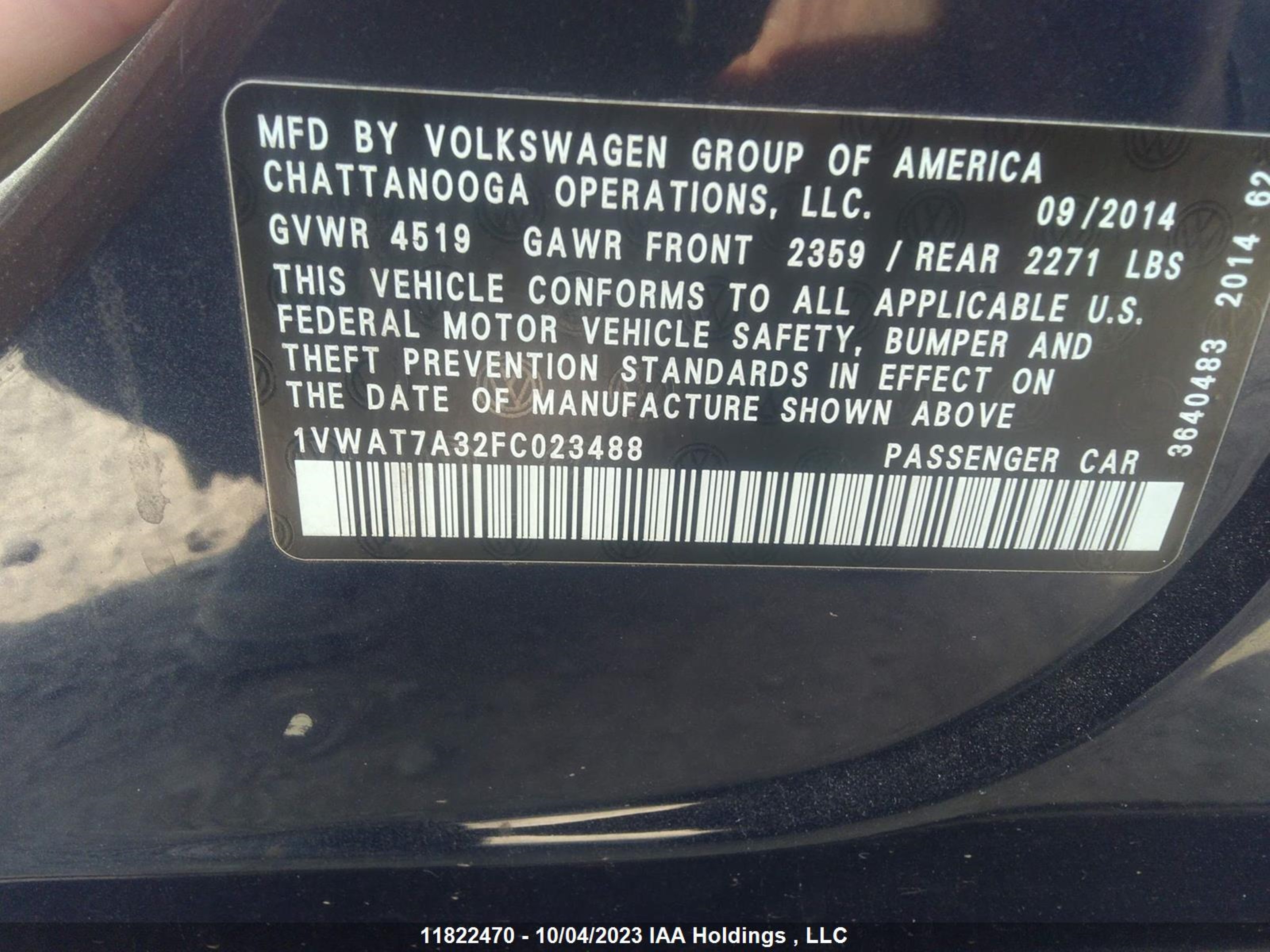 Photo 8 VIN: 1VWAT7A32FC023488 - VOLKSWAGEN PASSAT 