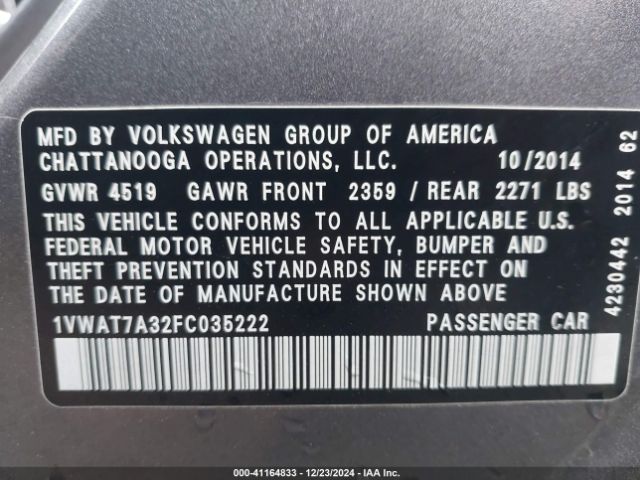 Photo 8 VIN: 1VWAT7A32FC035222 - VOLKSWAGEN PASSAT 