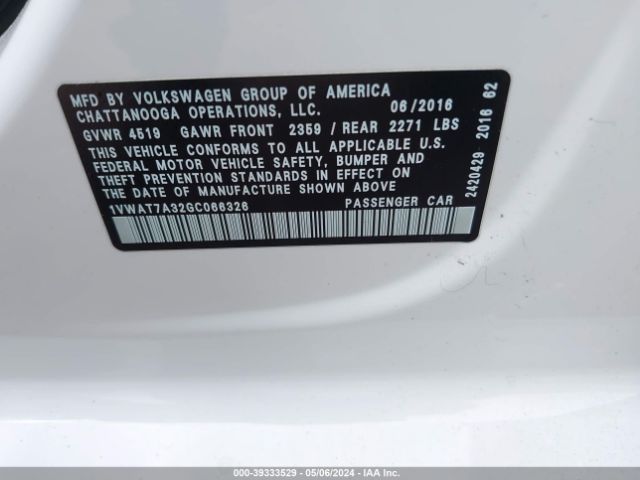 Photo 8 VIN: 1VWAT7A32GC066326 - VOLKSWAGEN PASSAT 