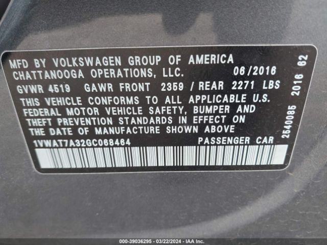 Photo 8 VIN: 1VWAT7A32GC068464 - VOLKSWAGEN PASSAT 