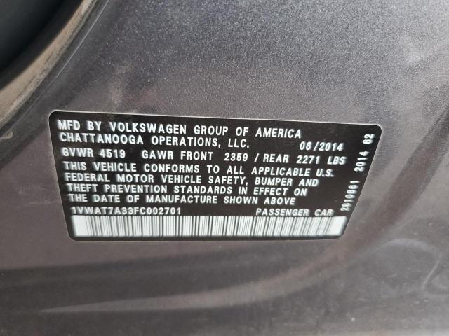 Photo 11 VIN: 1VWAT7A33FC002701 - VOLKSWAGEN PASSAT S 