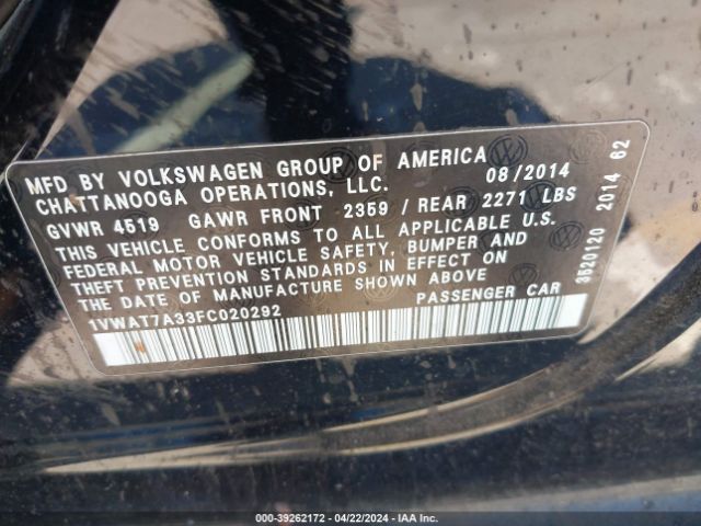 Photo 8 VIN: 1VWAT7A33FC020292 - VOLKSWAGEN PASSAT 