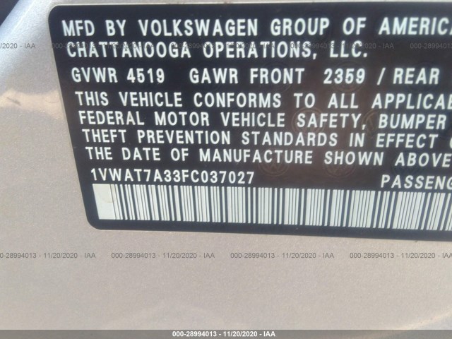 Photo 8 VIN: 1VWAT7A33FC037027 - VOLKSWAGEN PASSAT 