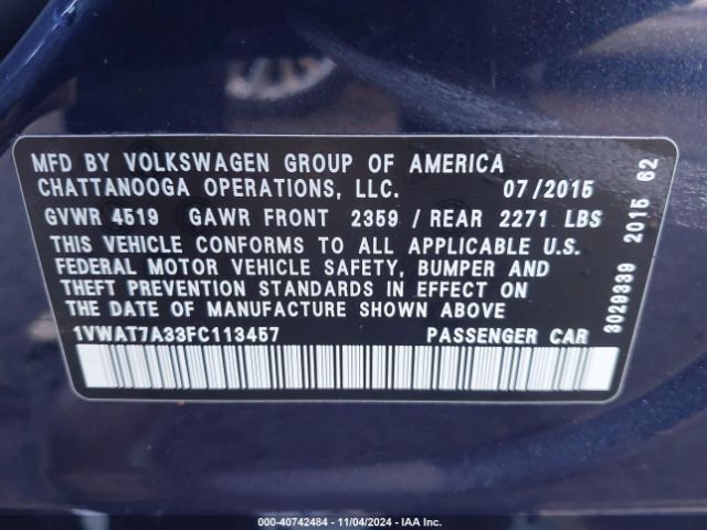 Photo 8 VIN: 1VWAT7A33FC113457 - VOLKSWAGEN PASSAT 