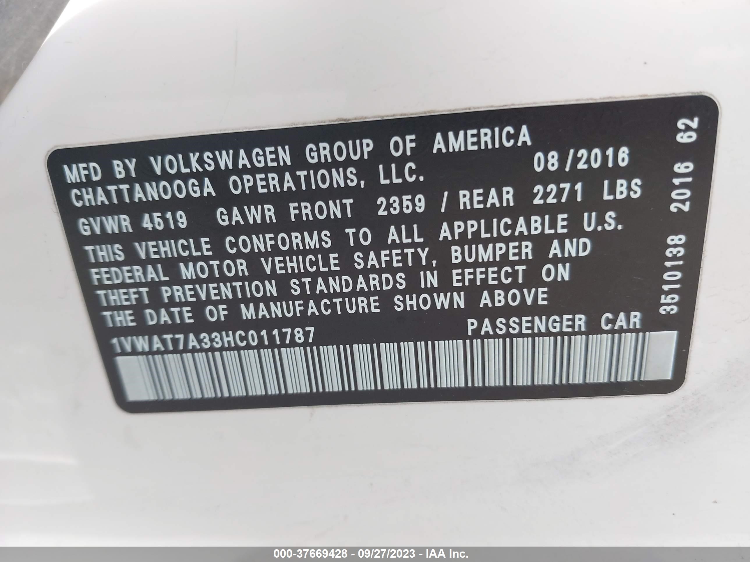 Photo 8 VIN: 1VWAT7A33HC011787 - VOLKSWAGEN PASSAT 