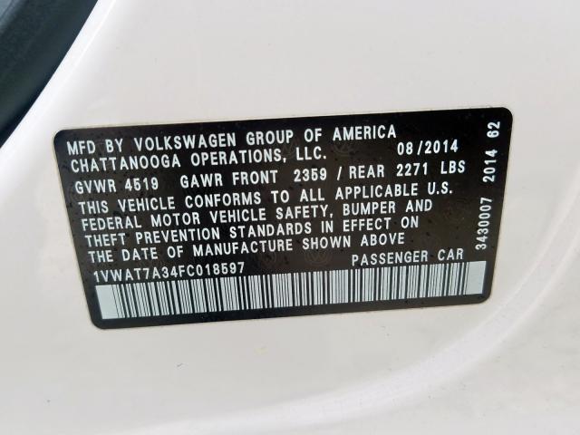 Photo 9 VIN: 1VWAT7A34FC018597 - VOLKSWAGEN PASSAT 