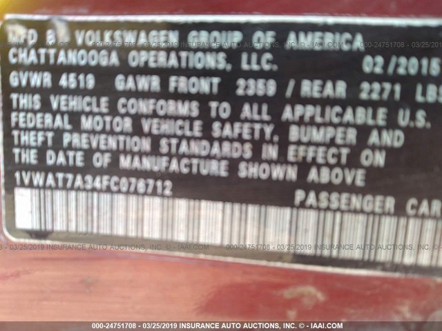 Photo 8 VIN: 1VWAT7A34FC076712 - VOLKSWAGEN PASSAT 