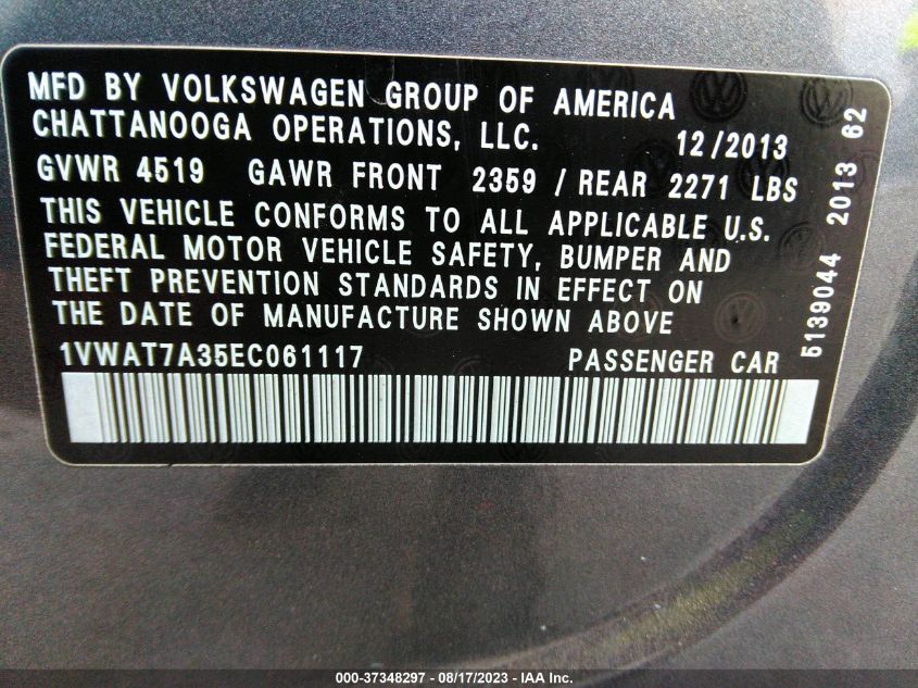 Photo 8 VIN: 1VWAT7A35EC061117 - VOLKSWAGEN PASSAT 