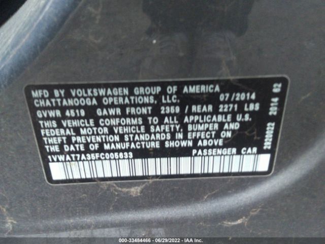 Photo 8 VIN: 1VWAT7A35FC005633 - VOLKSWAGEN PASSAT 