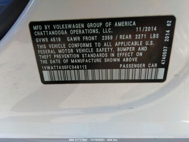 Photo 8 VIN: 1VWAT7A35FC048112 - VOLKSWAGEN PASSAT 