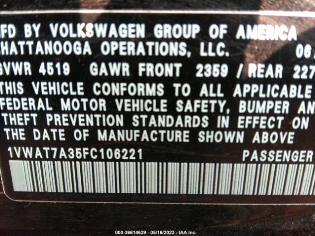 Photo 8 VIN: 1VWAT7A35FC106221 - VOLKSWAGEN PASSAT 