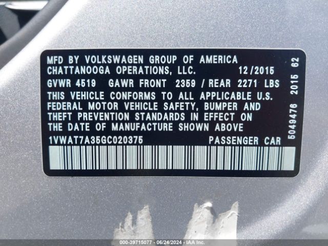 Photo 8 VIN: 1VWAT7A35GC020375 - VOLKSWAGEN PASSAT 