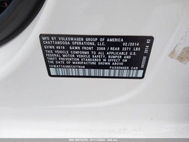 Photo 8 VIN: 1VWAT7A36EC077648 - VOLKSWAGEN PASSAT 