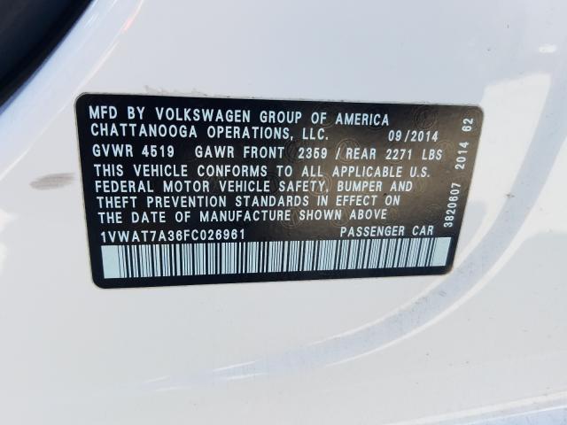 Photo 9 VIN: 1VWAT7A36FC026961 - VOLKSWAGEN PASSAT 