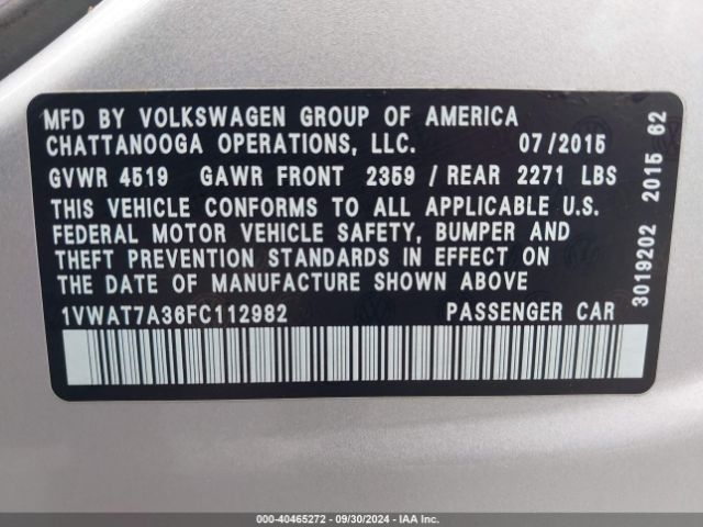 Photo 8 VIN: 1VWAT7A36FC112982 - VOLKSWAGEN PASSAT 