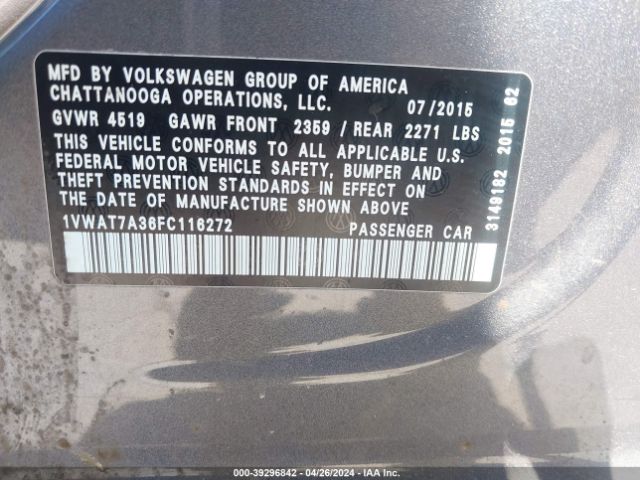 Photo 8 VIN: 1VWAT7A36FC116272 - VOLKSWAGEN PASSAT 