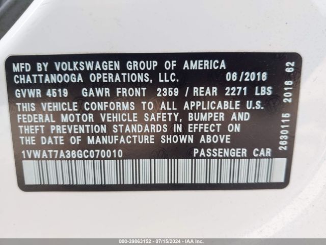 Photo 8 VIN: 1VWAT7A36GC070010 - VOLKSWAGEN PASSAT 