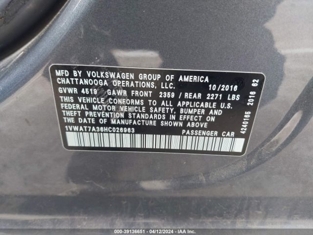 Photo 8 VIN: 1VWAT7A36HC026963 - VOLKSWAGEN PASSAT 