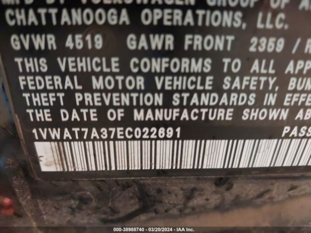 Photo 8 VIN: 1VWAT7A37EC022691 - VOLKSWAGEN PASSAT 