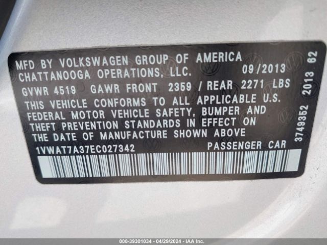 Photo 8 VIN: 1VWAT7A37EC027342 - VOLKSWAGEN PASSAT 