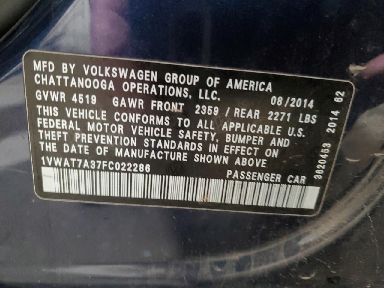 Photo 11 VIN: 1VWAT7A37FC022286 - VOLKSWAGEN PASSAT 