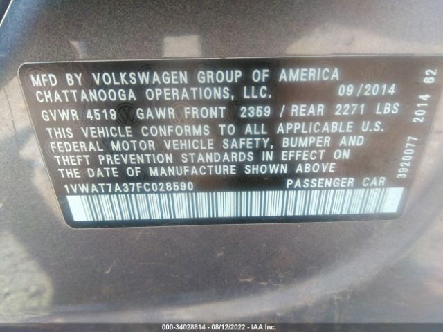 Photo 8 VIN: 1VWAT7A37FC028590 - VOLKSWAGEN PASSAT 