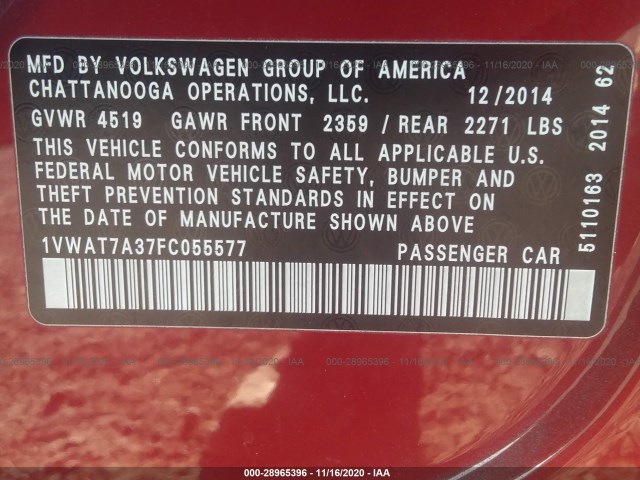 Photo 8 VIN: 1VWAT7A37FC055577 - VOLKSWAGEN PASSAT 