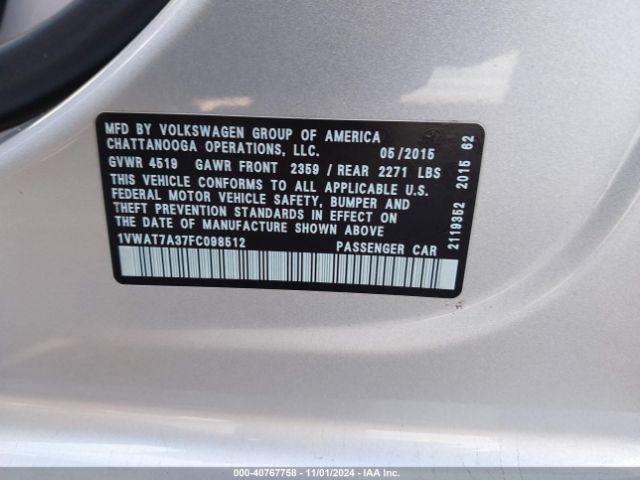 Photo 8 VIN: 1VWAT7A37FC098512 - VOLKSWAGEN PASSAT 