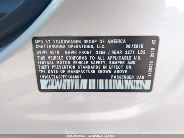 Photo 8 VIN: 1VWAT7A37FC104891 - VOLKSWAGEN PASSAT 