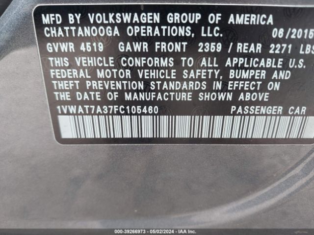 Photo 8 VIN: 1VWAT7A37FC105460 - VOLKSWAGEN PASSAT 