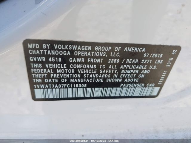 Photo 8 VIN: 1VWAT7A37FC115308 - VOLKSWAGEN PASSAT 