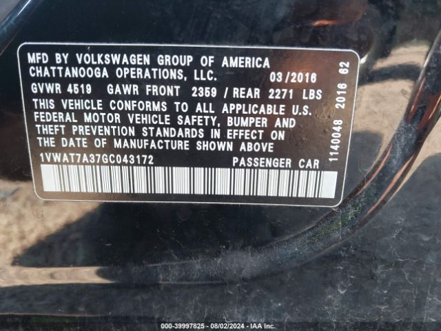 Photo 8 VIN: 1VWAT7A37GC043172 - VOLKSWAGEN PASSAT 