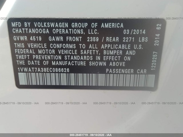 Photo 8 VIN: 1VWAT7A38EC086626 - VOLKSWAGEN PASSAT 