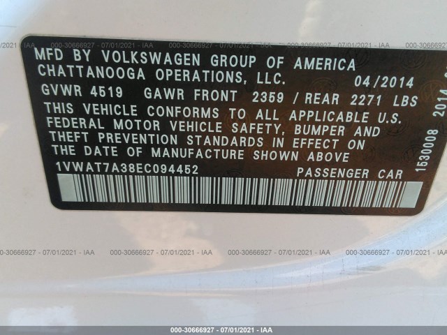 Photo 8 VIN: 1VWAT7A38EC094452 - VOLKSWAGEN PASSAT 