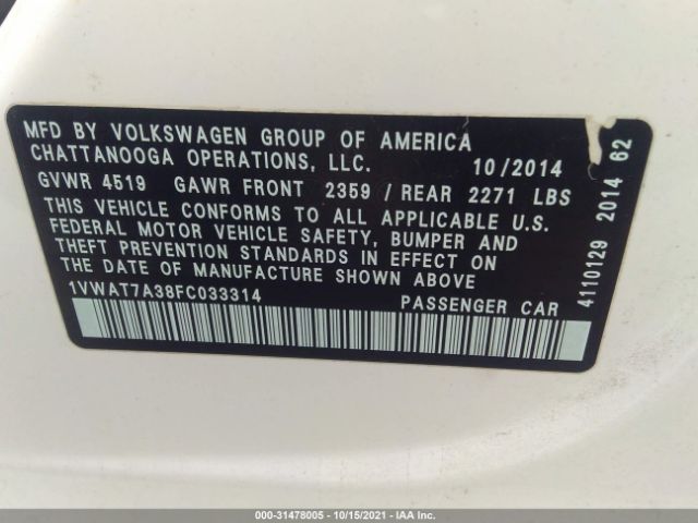 Photo 8 VIN: 1VWAT7A38FC033314 - VOLKSWAGEN PASSAT 