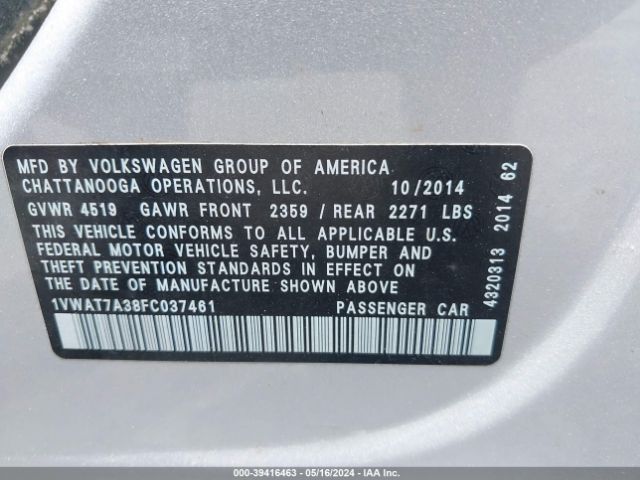 Photo 8 VIN: 1VWAT7A38FC037461 - VOLKSWAGEN PASSAT 