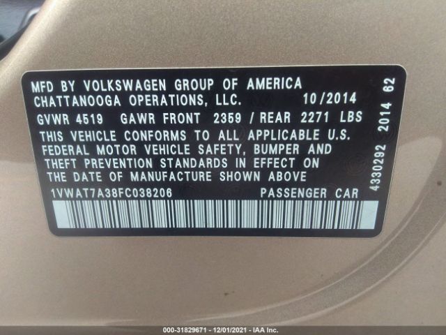 Photo 8 VIN: 1VWAT7A38FC038206 - VOLKSWAGEN PASSAT 