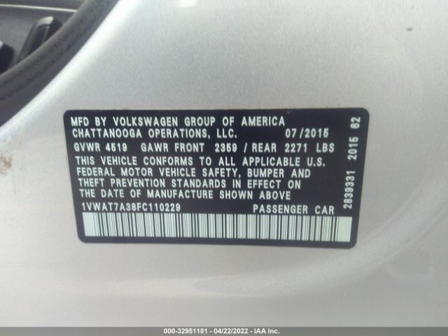 Photo 8 VIN: 1VWAT7A38FC110229 - VOLKSWAGEN PASSAT 