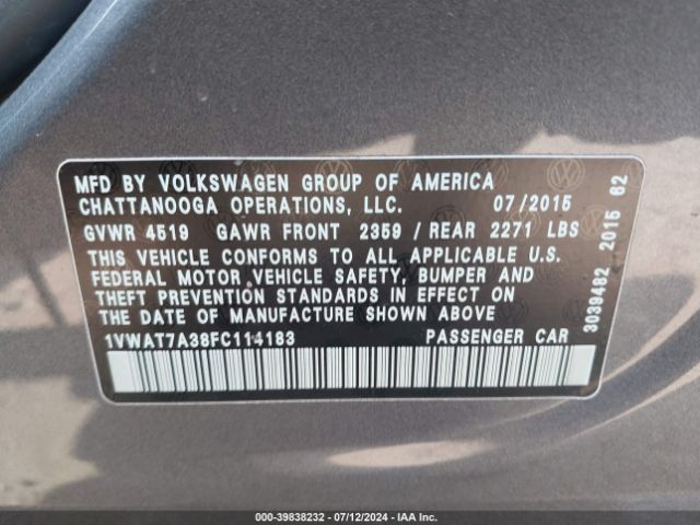 Photo 8 VIN: 1VWAT7A38FC114183 - VOLKSWAGEN PASSAT 