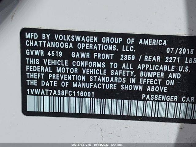 Photo 8 VIN: 1VWAT7A38FC116001 - VOLKSWAGEN PASSAT 