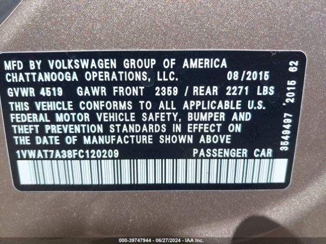 Photo 8 VIN: 1VWAT7A38FC120209 - VOLKSWAGEN PASSAT 