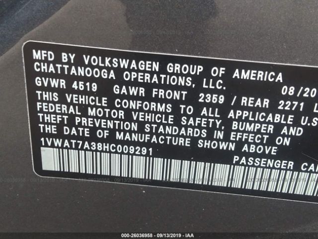 Photo 8 VIN: 1VWAT7A38HC009291 - VOLKSWAGEN PASSAT 