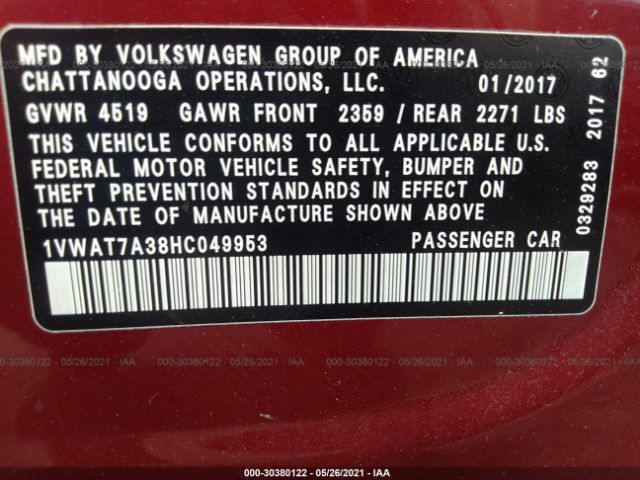 Photo 8 VIN: 1VWAT7A38HC049953 - VOLKSWAGEN PASSAT 