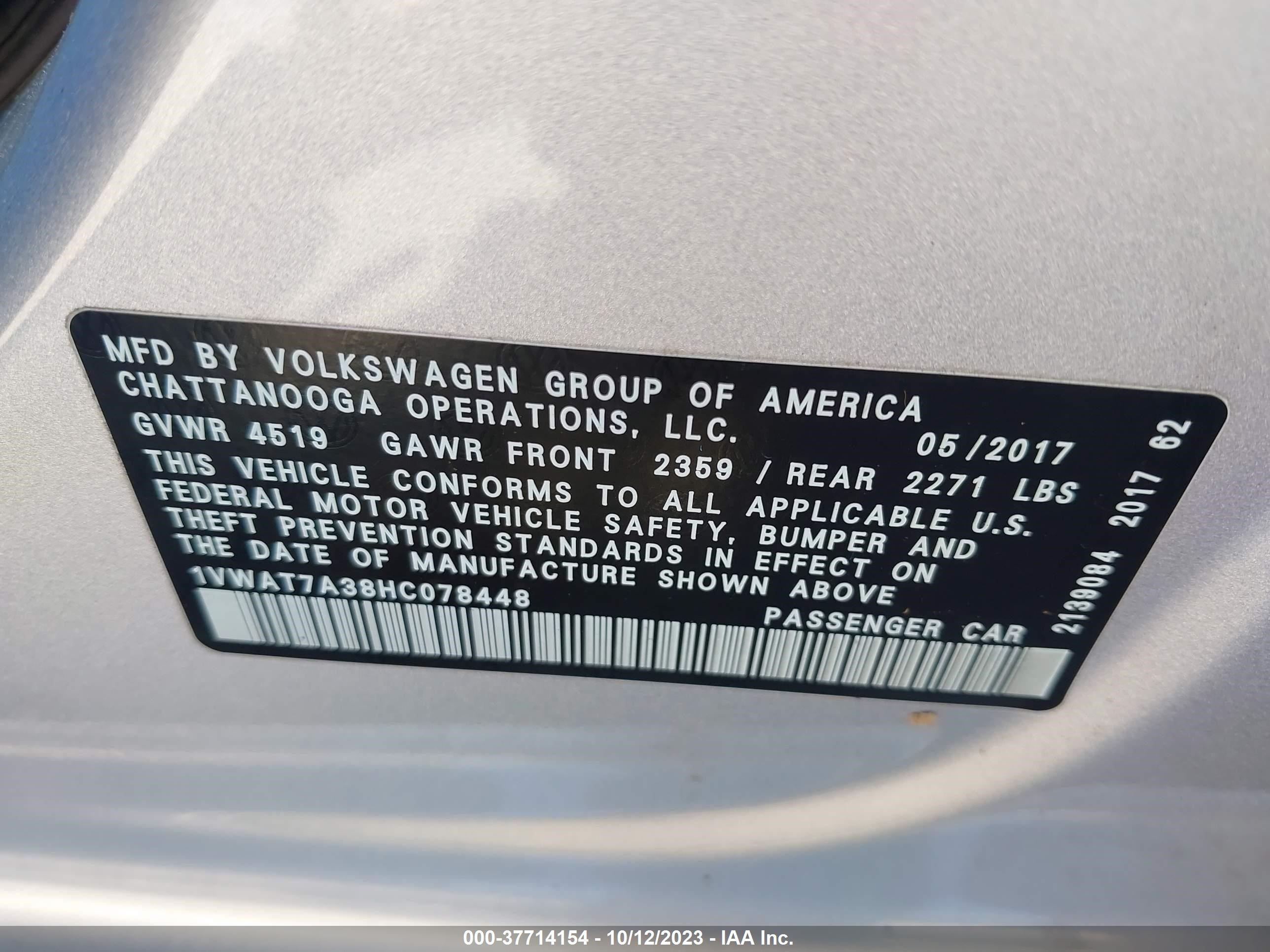 Photo 8 VIN: 1VWAT7A38HC078448 - VOLKSWAGEN PASSAT 