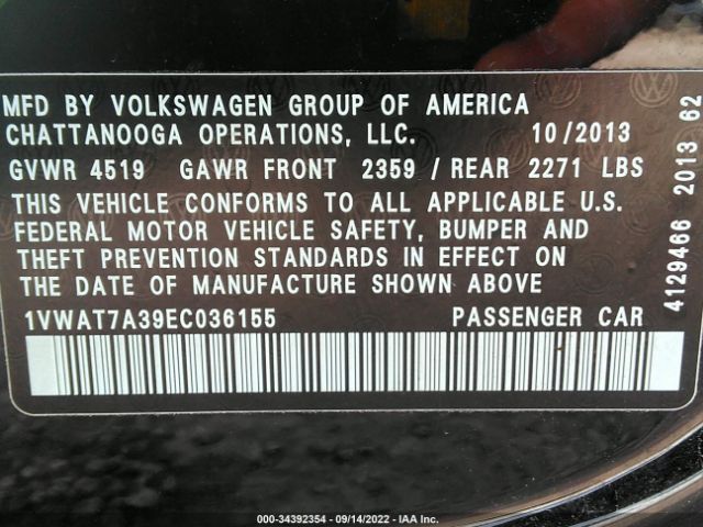 Photo 8 VIN: 1VWAT7A39EC036155 - VOLKSWAGEN PASSAT 