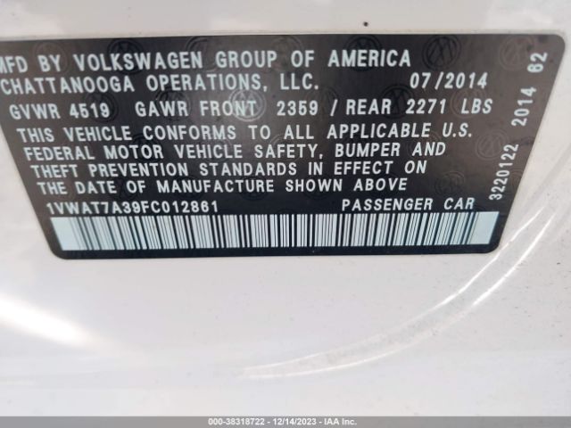 Photo 8 VIN: 1VWAT7A39FC012861 - VOLKSWAGEN PASSAT 