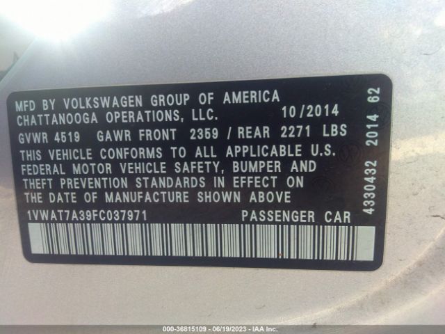 Photo 8 VIN: 1VWAT7A39FC037971 - VOLKSWAGEN PASSAT 