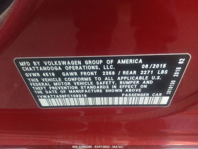 Photo 8 VIN: 1VWAT7A39FC109316 - VOLKSWAGEN PASSAT 