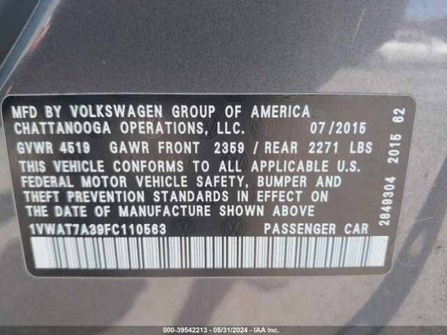 Photo 8 VIN: 1VWAT7A39FC110563 - VOLKSWAGEN PASSAT 